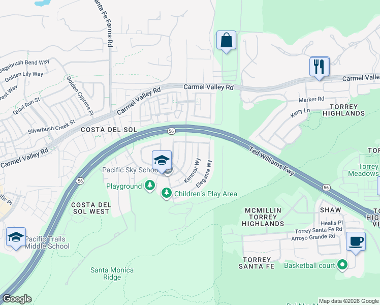 map of restaurants, bars, coffee shops, grocery stores, and more near 6773 Solterra Vista Parkway in San Diego