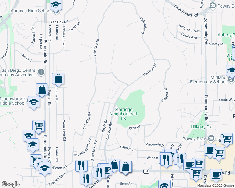 map of restaurants, bars, coffee shops, grocery stores, and more near 13979 Hickory Street in Poway