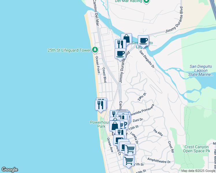 map of restaurants, bars, coffee shops, grocery stores, and more near 1935 Sand Barr Lane in Del Mar