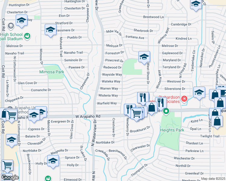 map of restaurants, bars, coffee shops, grocery stores, and more near 909 Warren Way in Richardson