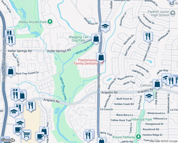 map of restaurants, bars, coffee shops, grocery stores, and more near 15927 Archwood Lane in Dallas