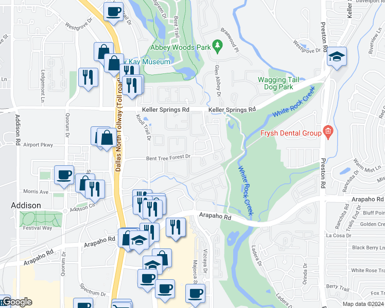 map of restaurants, bars, coffee shops, grocery stores, and more near 5330 Bent Tree Forest Drive in Dallas