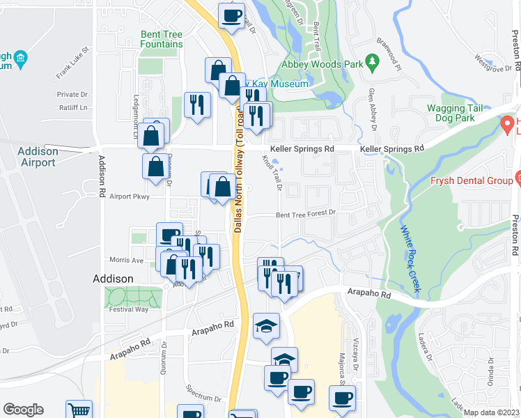 map of restaurants, bars, coffee shops, grocery stores, and more near 5151 Bent Tree Forest Drive in Dallas