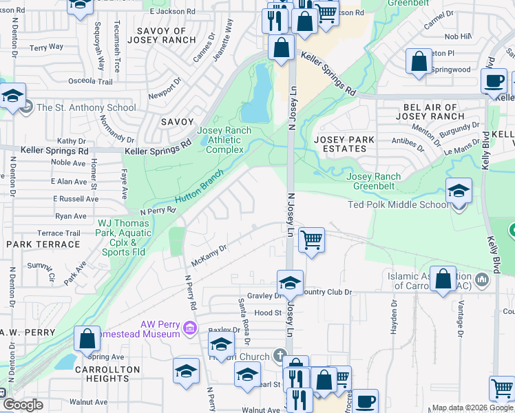 map of restaurants, bars, coffee shops, grocery stores, and more near 1814 Elmwood Lane in Carrollton