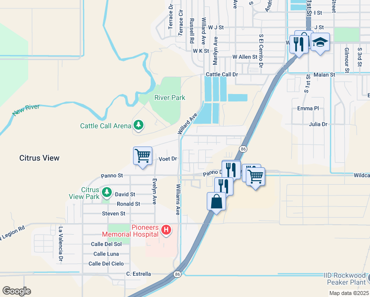 map of restaurants, bars, coffee shops, grocery stores, and more near 318 Shady Willow Place in Brawley