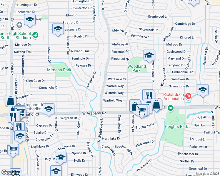 map of restaurants, bars, coffee shops, grocery stores, and more near 923 Warren Way in Richardson