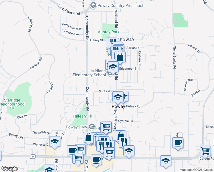 map of restaurants, bars, coffee shops, grocery stores, and more near 13861 Wayland Grove Court in Poway