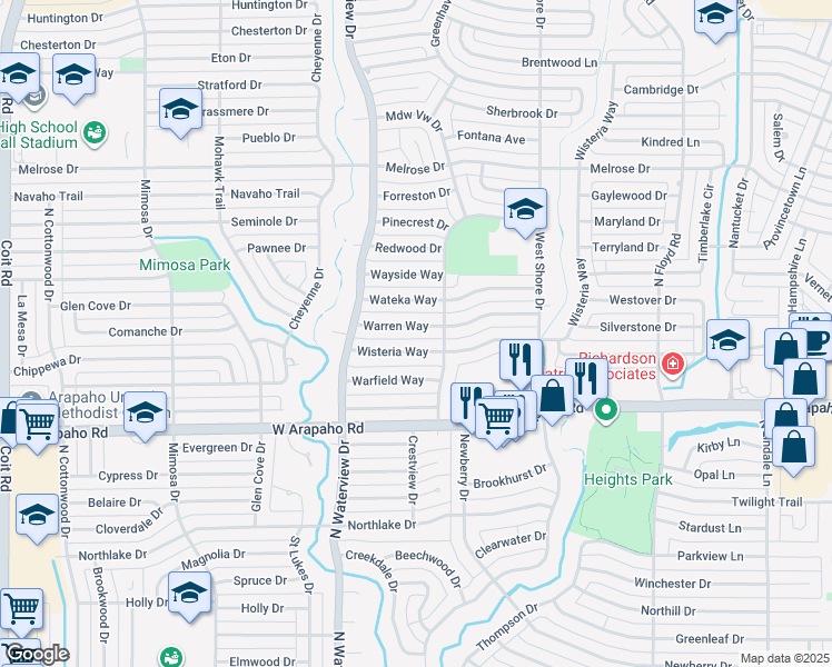map of restaurants, bars, coffee shops, grocery stores, and more near 909 Warren Way in Richardson