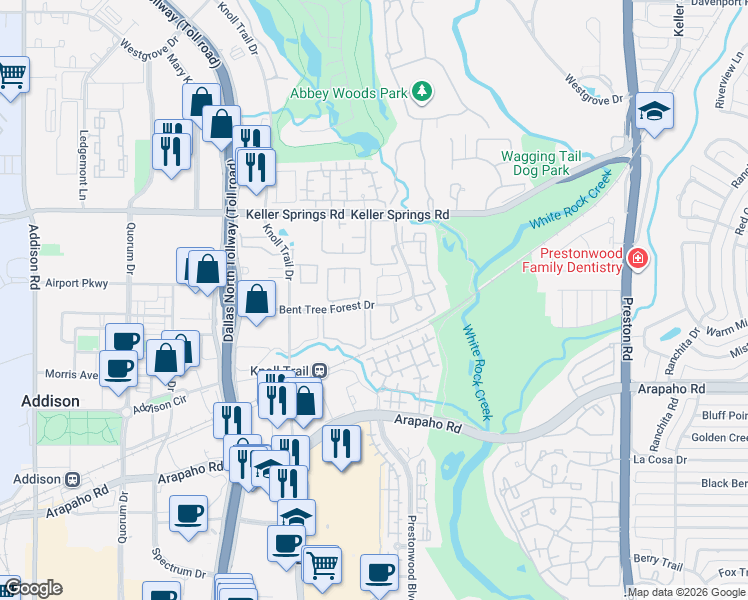 map of restaurants, bars, coffee shops, grocery stores, and more near 5335 Bent Tree Forest Drive in Dallas