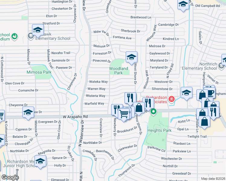 map of restaurants, bars, coffee shops, grocery stores, and more near 829 Warren Way in Richardson