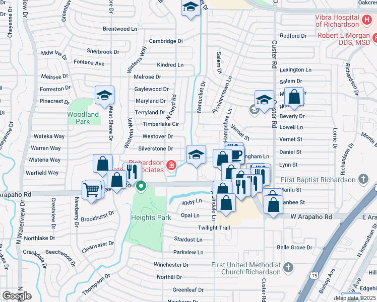 map of restaurants, bars, coffee shops, grocery stores, and more near 1104 Odessa Drive in Richardson