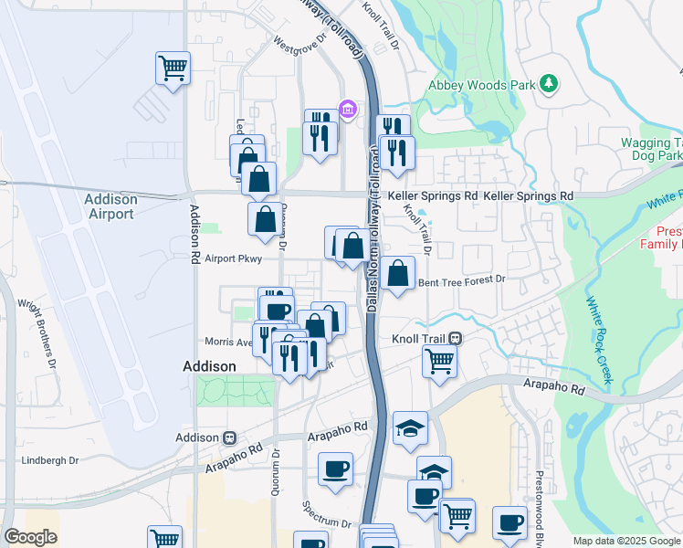 map of restaurants, bars, coffee shops, grocery stores, and more near 15851 Dallas Parkway in Addison