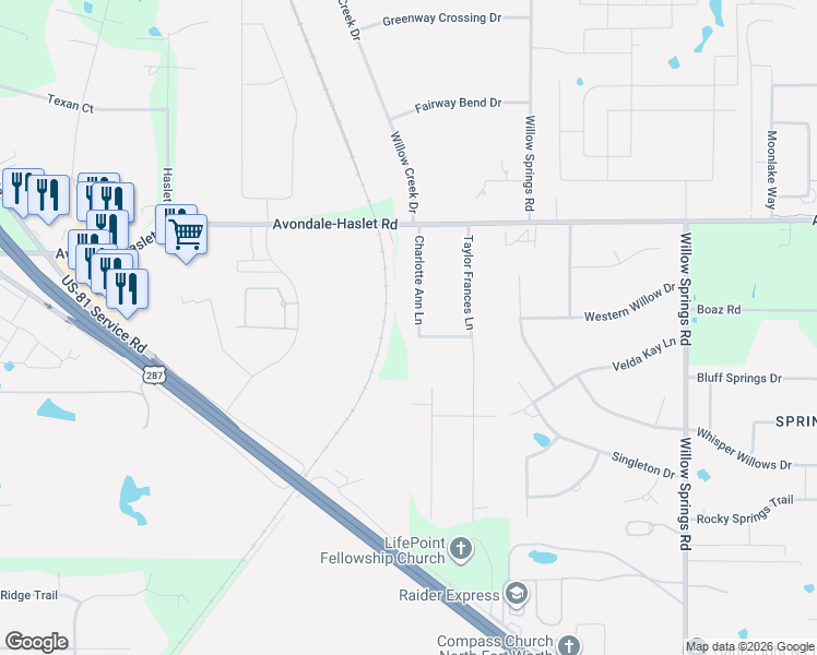 map of restaurants, bars, coffee shops, grocery stores, and more near 13009 Charlotte Ann Lane in Haslet