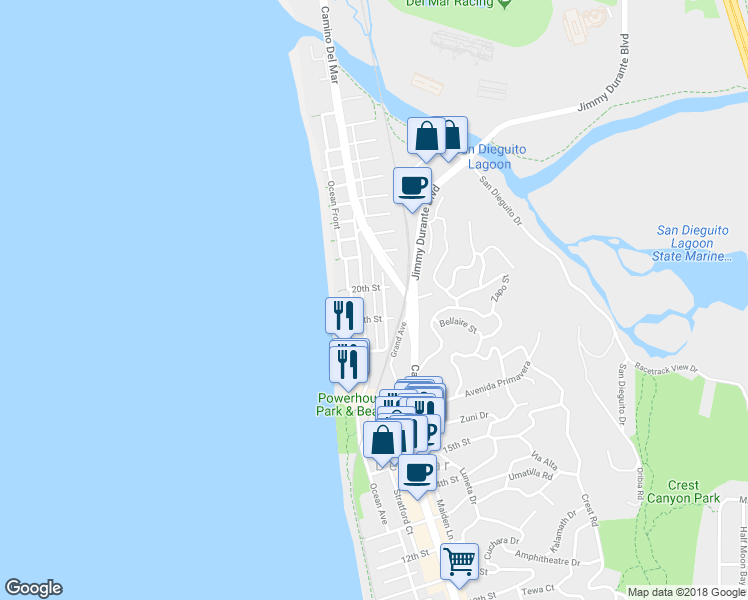 map of restaurants, bars, coffee shops, grocery stores, and more near 1935 Sand Barr Lane in Del Mar