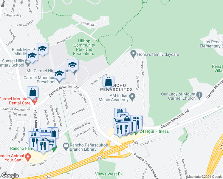 map of restaurants, bars, coffee shops, grocery stores, and more near 9991 Via Daroca in San Diego