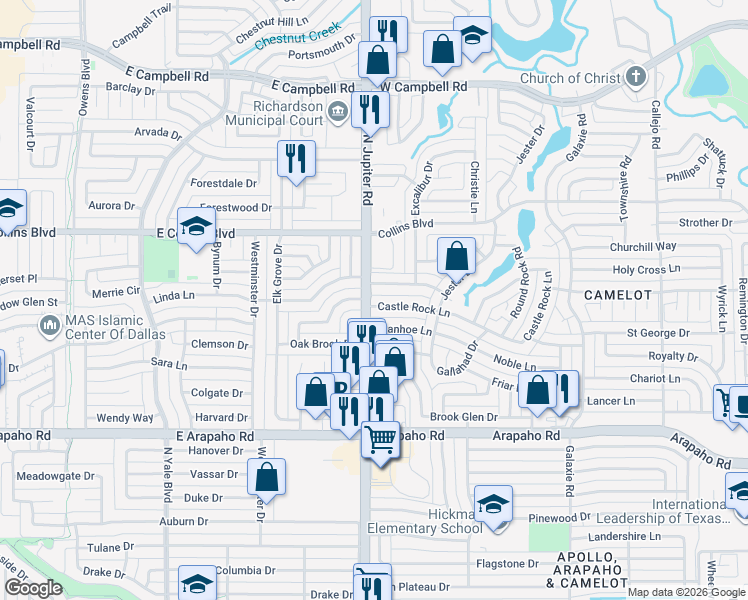 map of restaurants, bars, coffee shops, grocery stores, and more near 3445 Castle Rock Lane in Garland