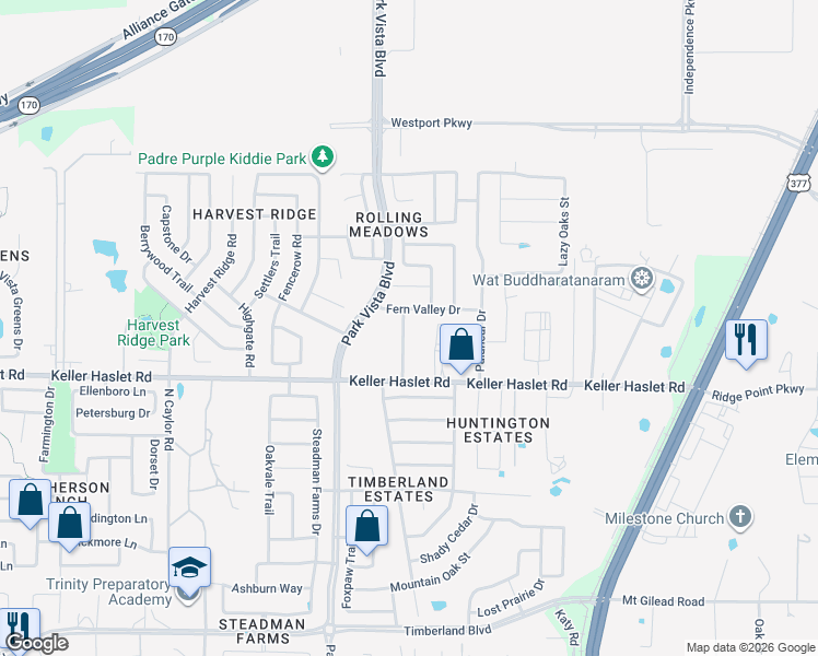 map of restaurants, bars, coffee shops, grocery stores, and more near 13044 Sierra View Drive in Fort Worth