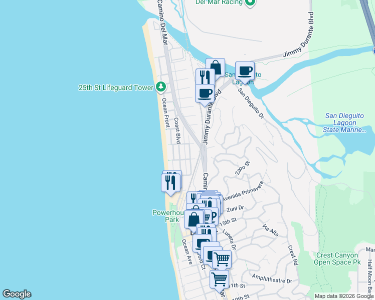 map of restaurants, bars, coffee shops, grocery stores, and more near 1939 Sand Barr Lane in Del Mar
