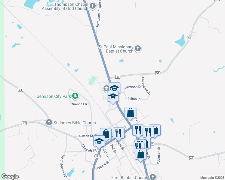 map of restaurants, bars, coffee shops, grocery stores, and more near 25195 U.S. 31 in Jemison