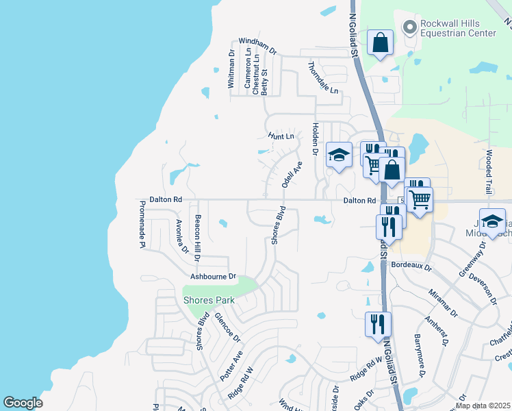 map of restaurants, bars, coffee shops, grocery stores, and more near 1375 Clear Meadow Court in Rockwall