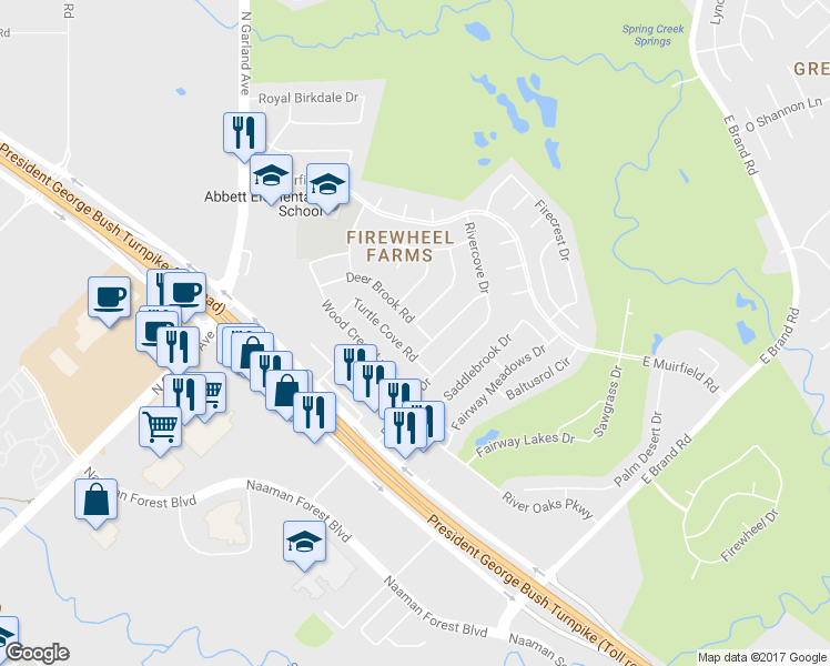 map of restaurants, bars, coffee shops, grocery stores, and more near 5209 Deer Brook Road in Garland