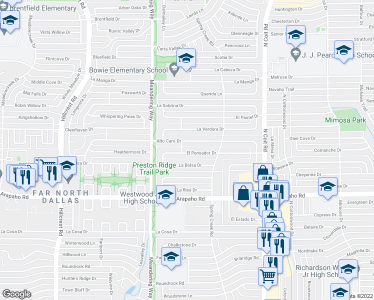 map of restaurants, bars, coffee shops, grocery stores, and more near 7709 El Pensador Drive in Dallas