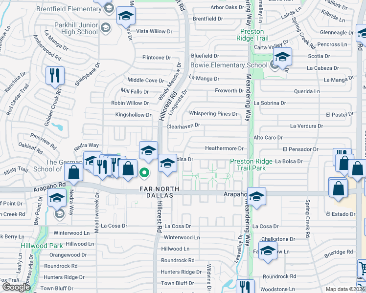 map of restaurants, bars, coffee shops, grocery stores, and more near 7225 Alto Caro Drive in Dallas
