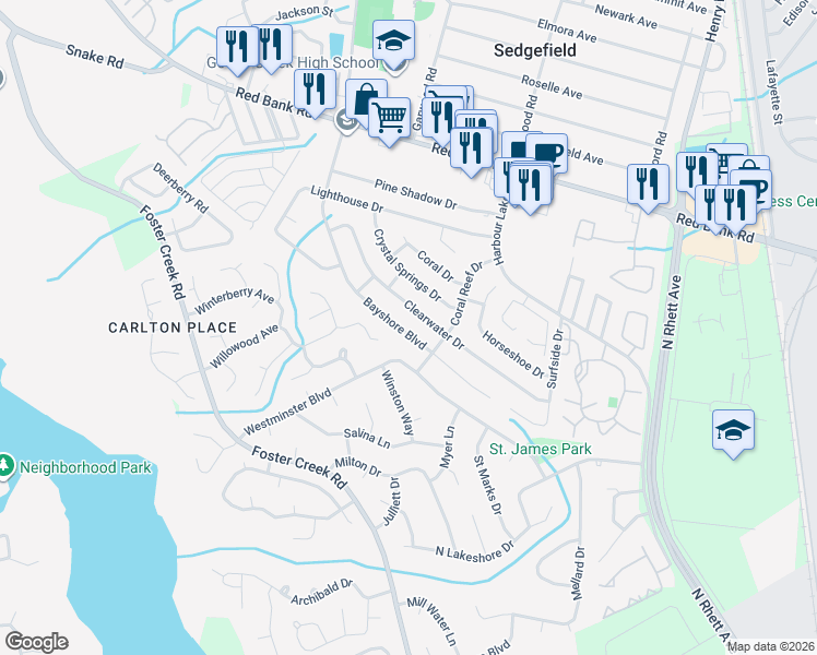 map of restaurants, bars, coffee shops, grocery stores, and more near 40 Bayshore Boulevard in Goose Creek