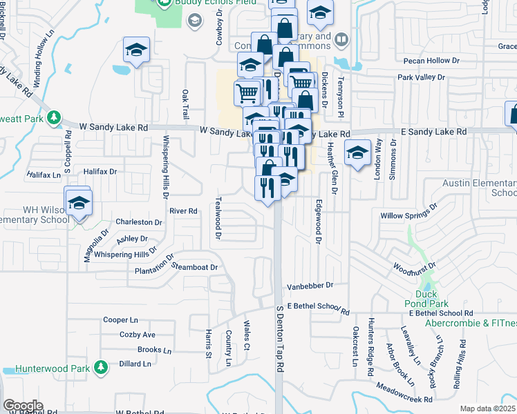 map of restaurants, bars, coffee shops, grocery stores, and more near 207 South Denton Tap Road in Coppell