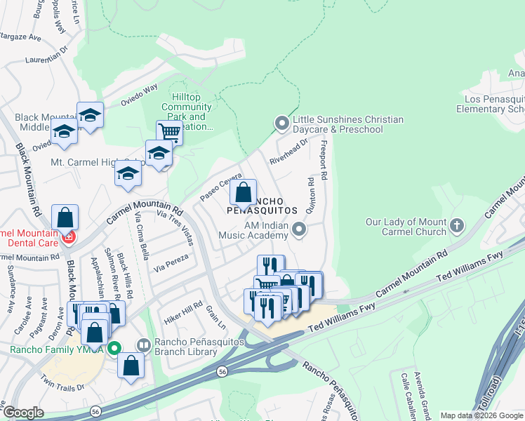 map of restaurants, bars, coffee shops, grocery stores, and more near 13779 Paseo Cardiel in San Diego