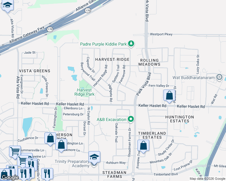 map of restaurants, bars, coffee shops, grocery stores, and more near 4257 Highgate Road in Fort Worth
