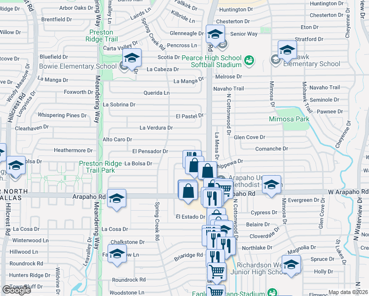 map of restaurants, bars, coffee shops, grocery stores, and more near 7847 El Pensador Drive in Dallas