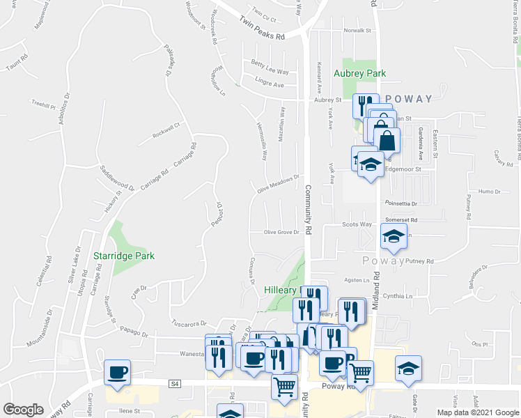 map of restaurants, bars, coffee shops, grocery stores, and more near 13842 Olive Park Place in Poway