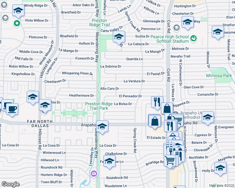 map of restaurants, bars, coffee shops, grocery stores, and more near 7709 El Pensador Drive in Dallas