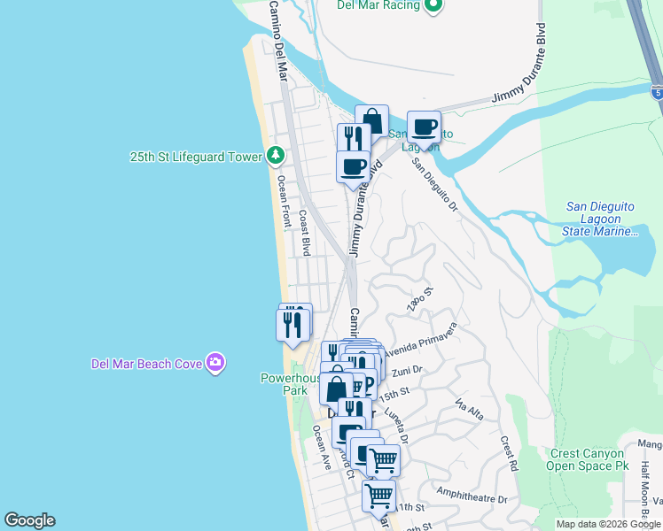 map of restaurants, bars, coffee shops, grocery stores, and more near 1935 Santa Fe Avenue in Del Mar