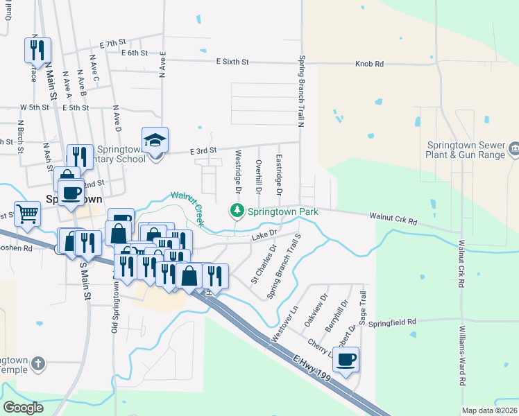 map of restaurants, bars, coffee shops, grocery stores, and more near 801 Walnut Creek Drive in Springtown