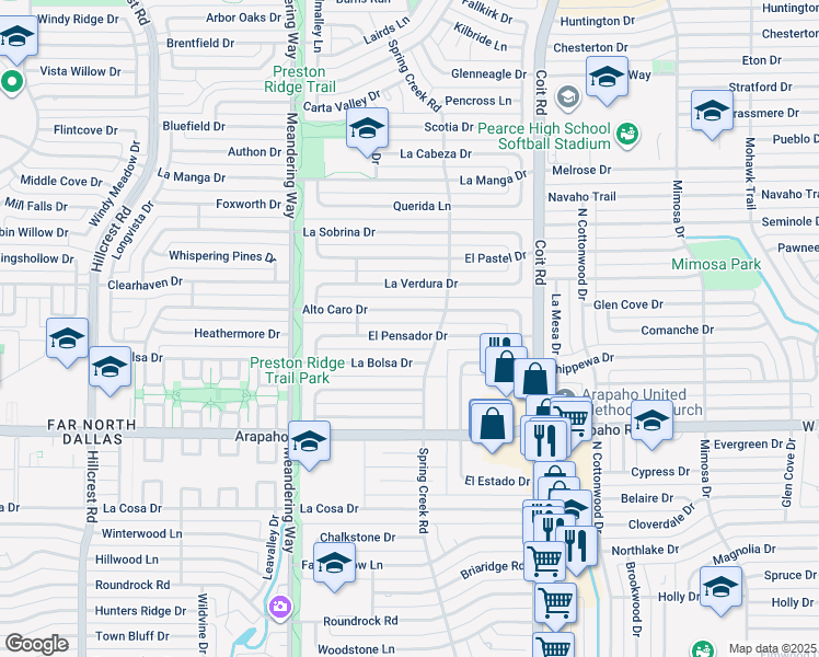 map of restaurants, bars, coffee shops, grocery stores, and more near 7745 El Pensador Dr in Dallas