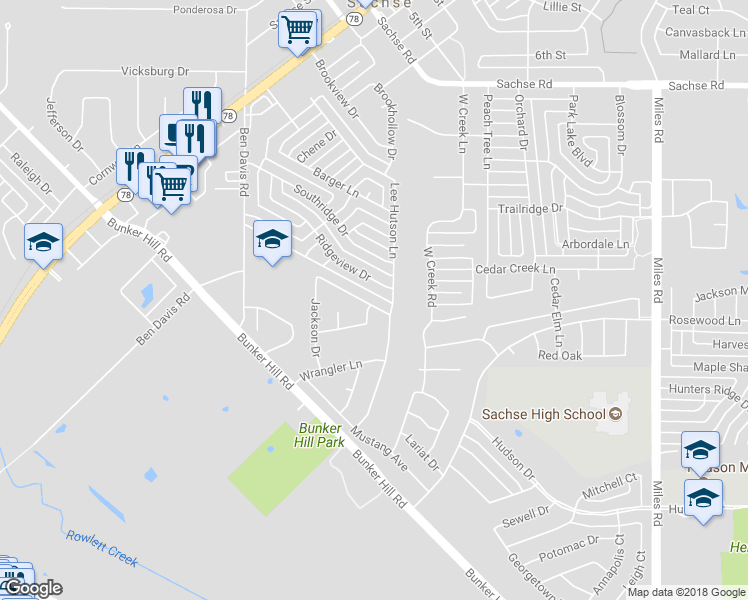 map of restaurants, bars, coffee shops, grocery stores, and more near 2805 Pennington Drive in Sachse