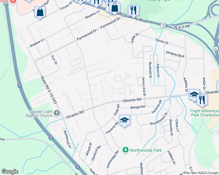map of restaurants, bars, coffee shops, grocery stores, and more near 2630 Otranto Road in North Charleston