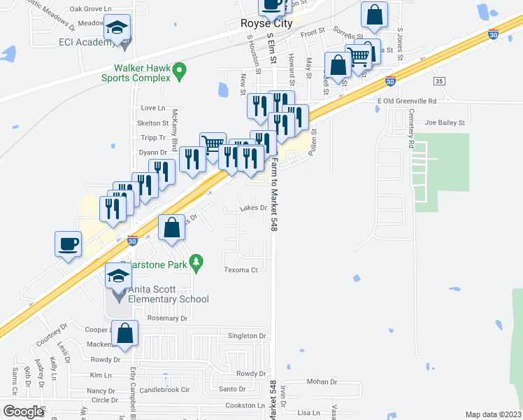map of restaurants, bars, coffee shops, grocery stores, and more near 1116 Falcon Court in Royse City