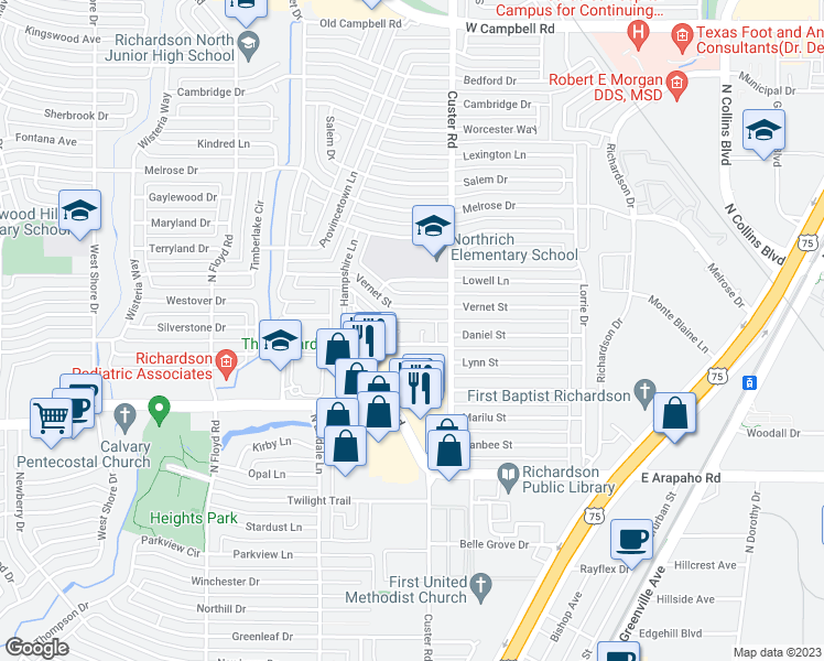 map of restaurants, bars, coffee shops, grocery stores, and more near 312 Rockingham Lane in Richardson