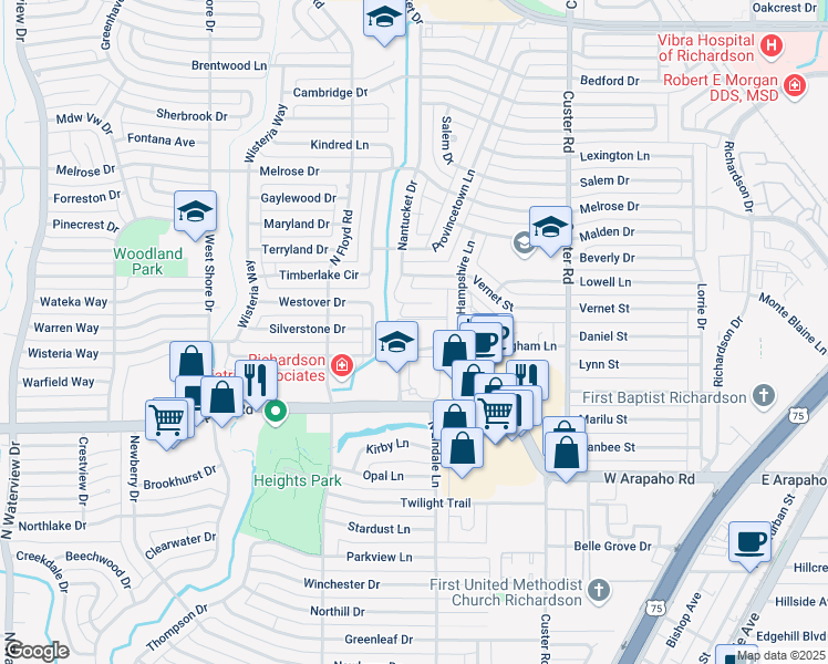 map of restaurants, bars, coffee shops, grocery stores, and more near 1104 Odessa Drive in Richardson
