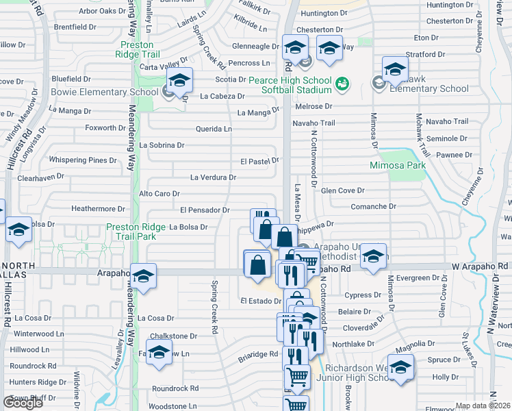 map of restaurants, bars, coffee shops, grocery stores, and more near 7847 El Pensador Drive in Dallas