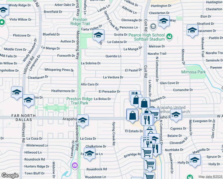 map of restaurants, bars, coffee shops, grocery stores, and more near 7745 El Pensador Drive in Dallas