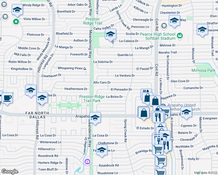 map of restaurants, bars, coffee shops, grocery stores, and more near 7709 El Pensador Drive in Dallas
