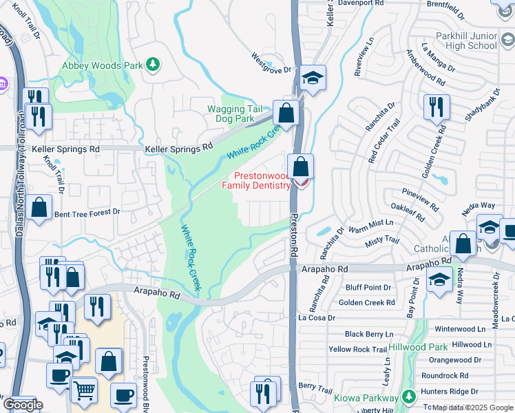 map of restaurants, bars, coffee shops, grocery stores, and more near 15918 Club Crest Drive in Dallas