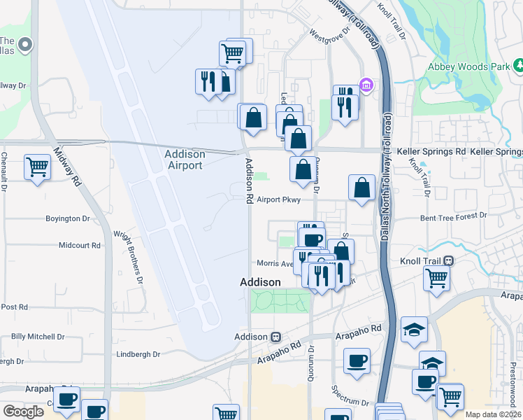 map of restaurants, bars, coffee shops, grocery stores, and more near in Addison