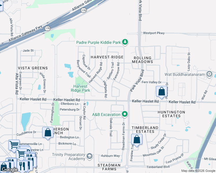 map of restaurants, bars, coffee shops, grocery stores, and more near 4257 Highgate Road in Fort Worth