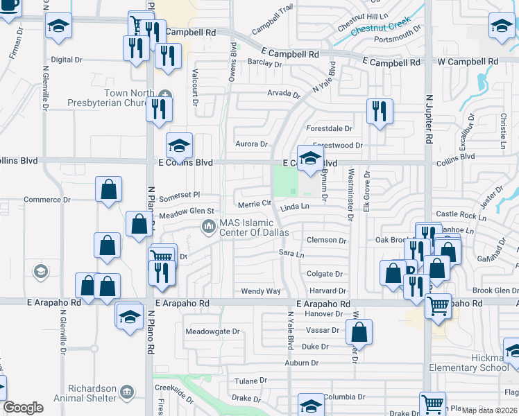 map of restaurants, bars, coffee shops, grocery stores, and more near 5 Merrie Circle in Richardson