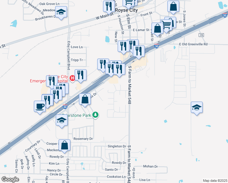 map of restaurants, bars, coffee shops, grocery stores, and more near 300 Medina Court in Royse City